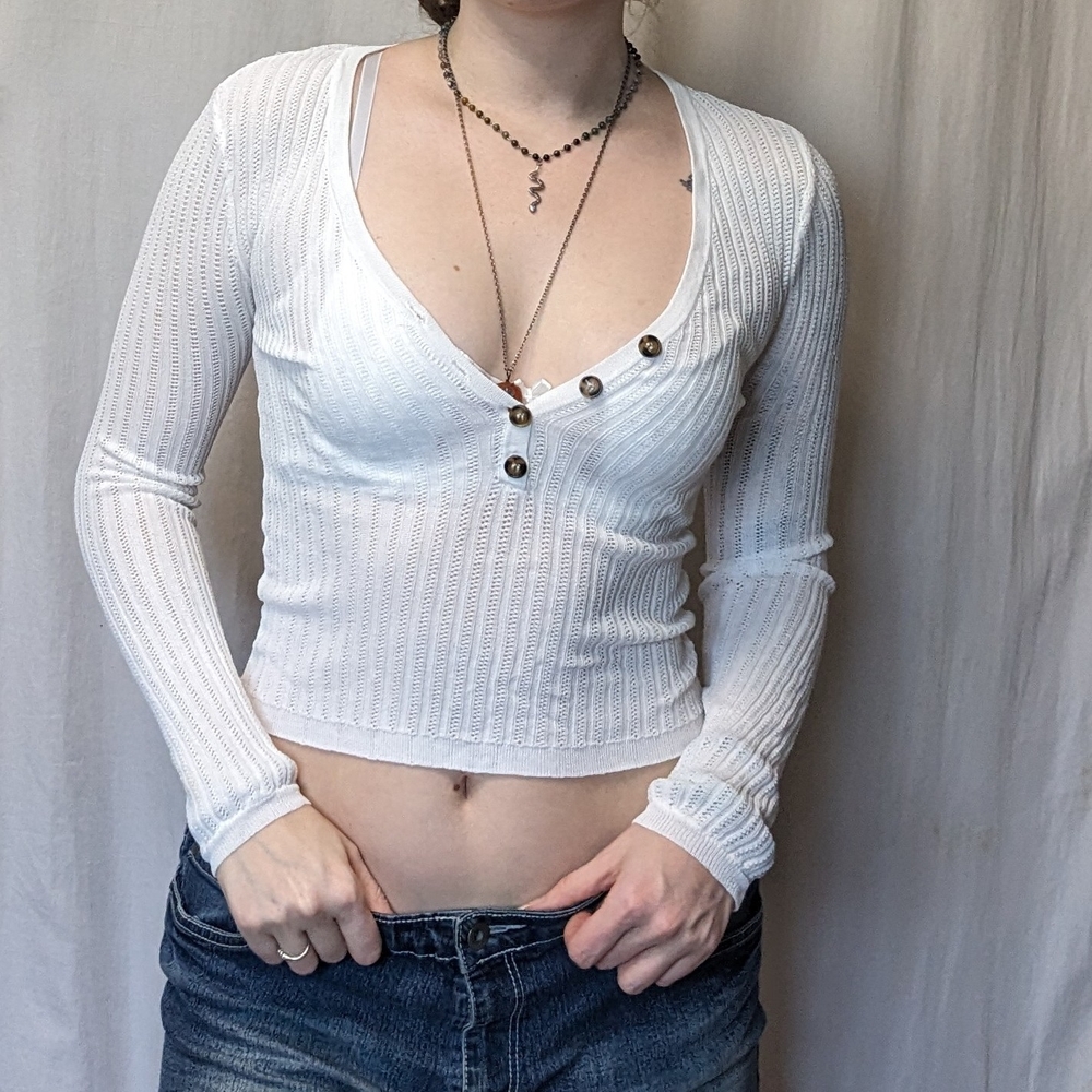 White Forever 21 Ribbed Pointelle Style Long Sleeve Size Small